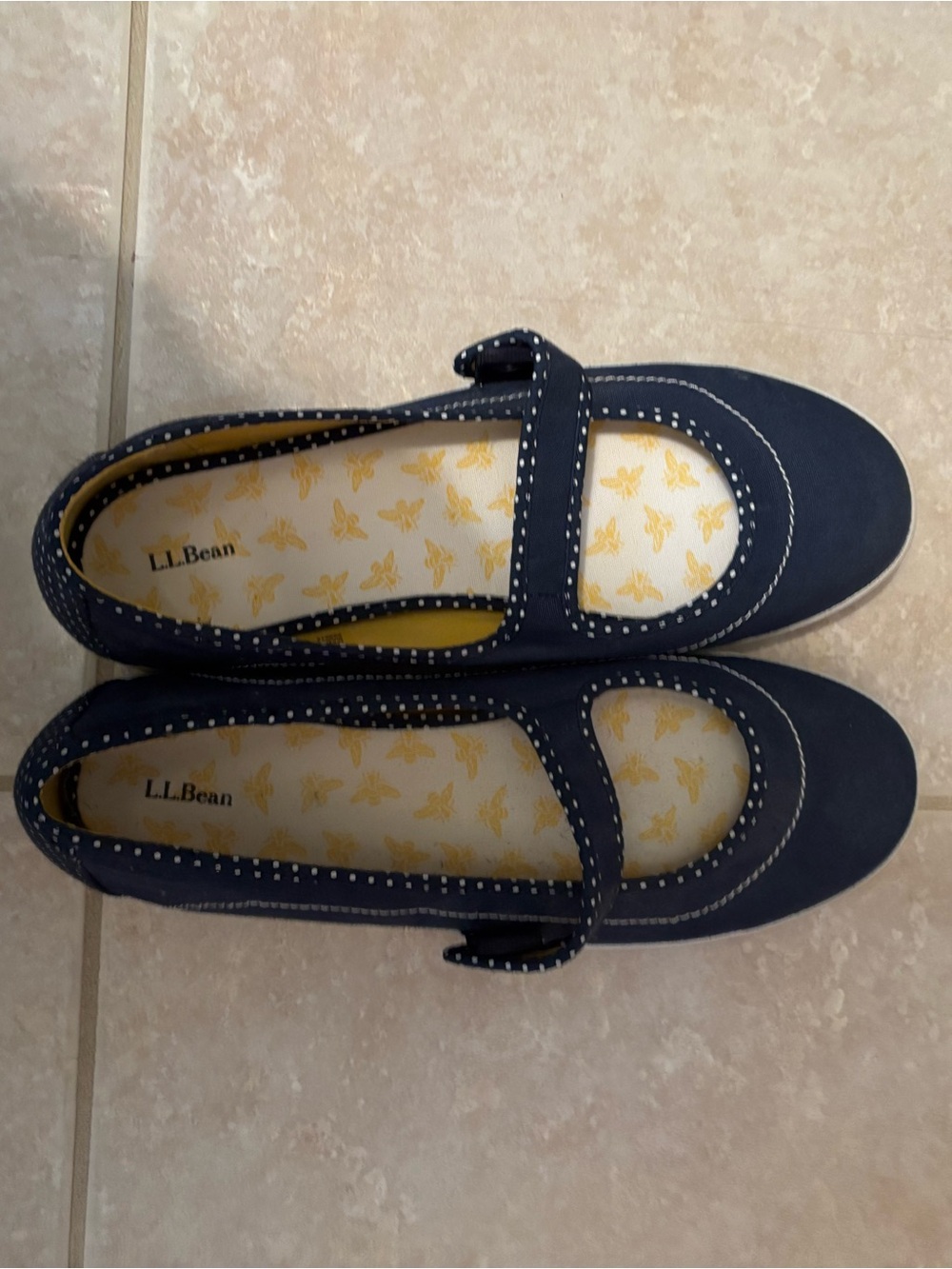 L.L. Bean Navy Mary Jane Flats with Yellow Printed Insole